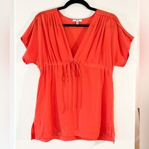 Cache Bright Coral Red V-Neck Tie-Front Blouse